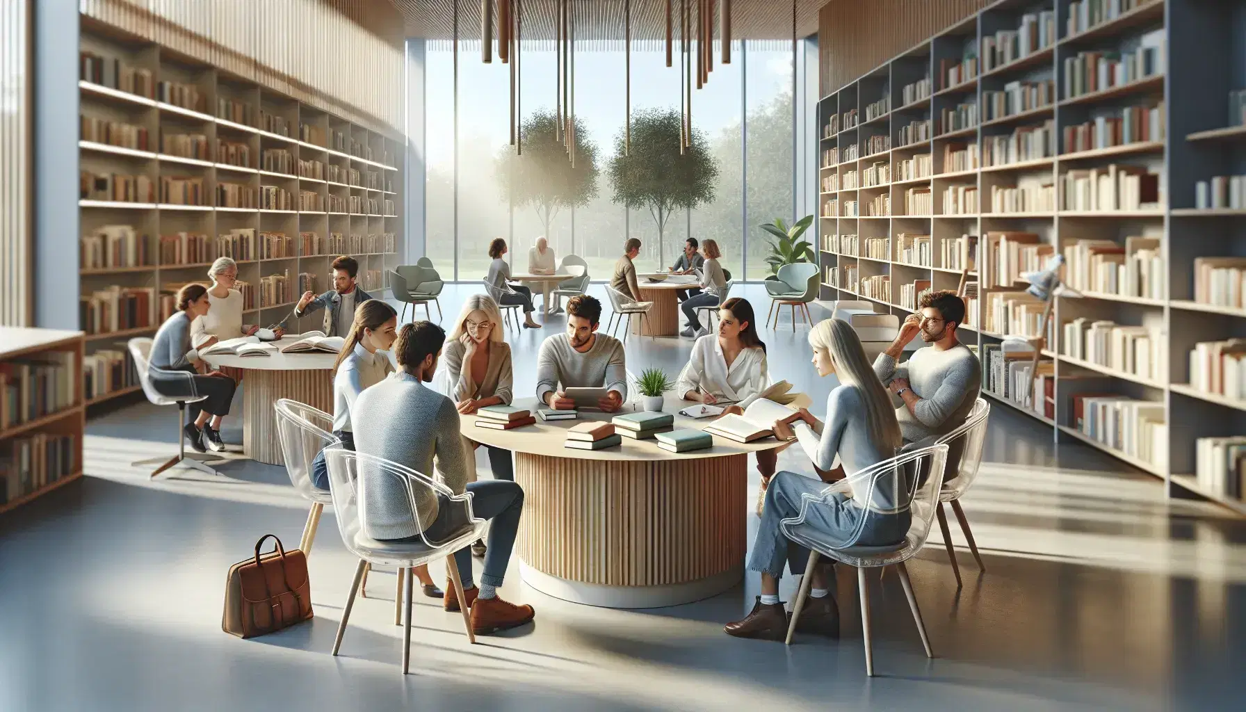 Gruppo di persone interagisce in biblioteca moderna con tavolo rotondo, libri, tablet e pianta verde, in ambiente luminoso e colorato.