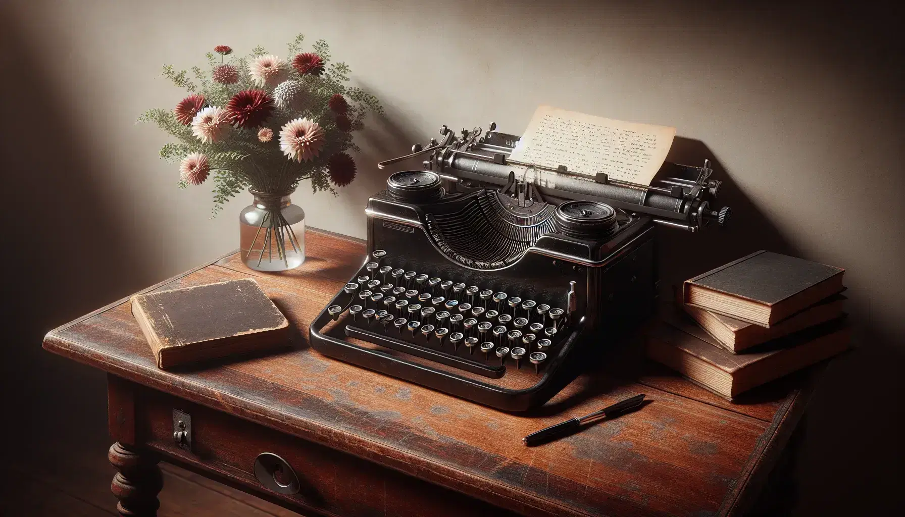 Vintage typewriter on a wooden desk with an open book and a vase of colorful flowers, evoking a nostalgic and creative atmosphere.