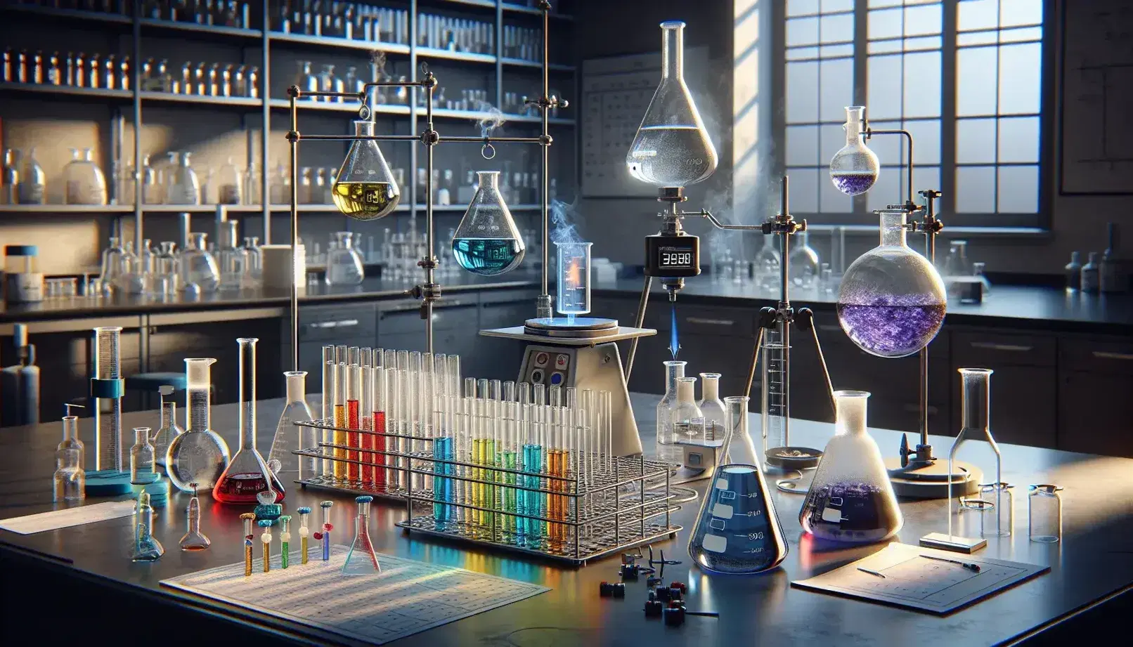 Laboratorio de química con tubos de ensayo de colores, matraz Erlenmeyer, mechero Bunsen y balanza analítica en un entorno iluminado naturalmente.