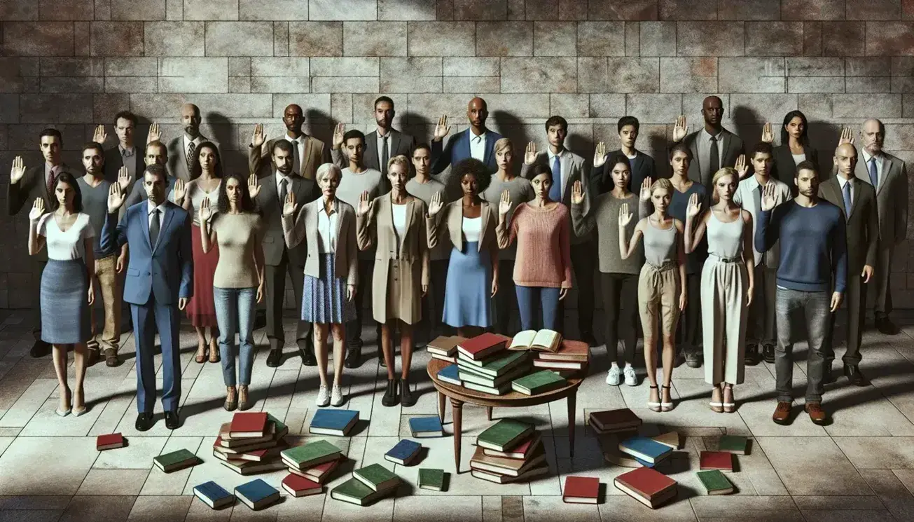 Grupo diverso de personas tomando juramento con una mano alzada frente a una mesa con libros apilados y un fondo de pared de piedra.