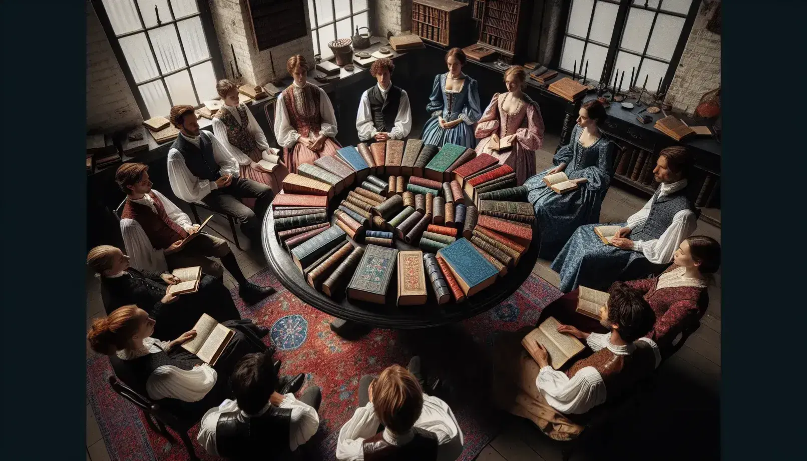 Grupo de personas en atuendos de época participando en un club de lectura alrededor de una mesa redonda con libros antiguos, en una habitación con paredes de ladrillo y alfombras persas.