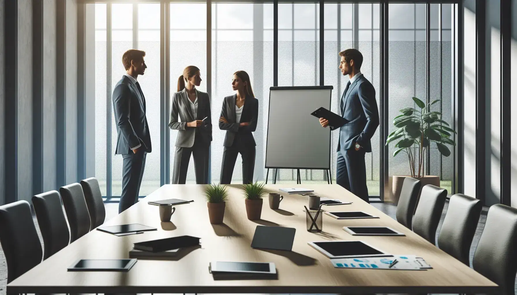 Tres profesionales en oficina moderna discuten con un portapapeles, mesa con dispositivos electrónicos y planta verde, con amplias ventanas y pizarra blanca al fondo.