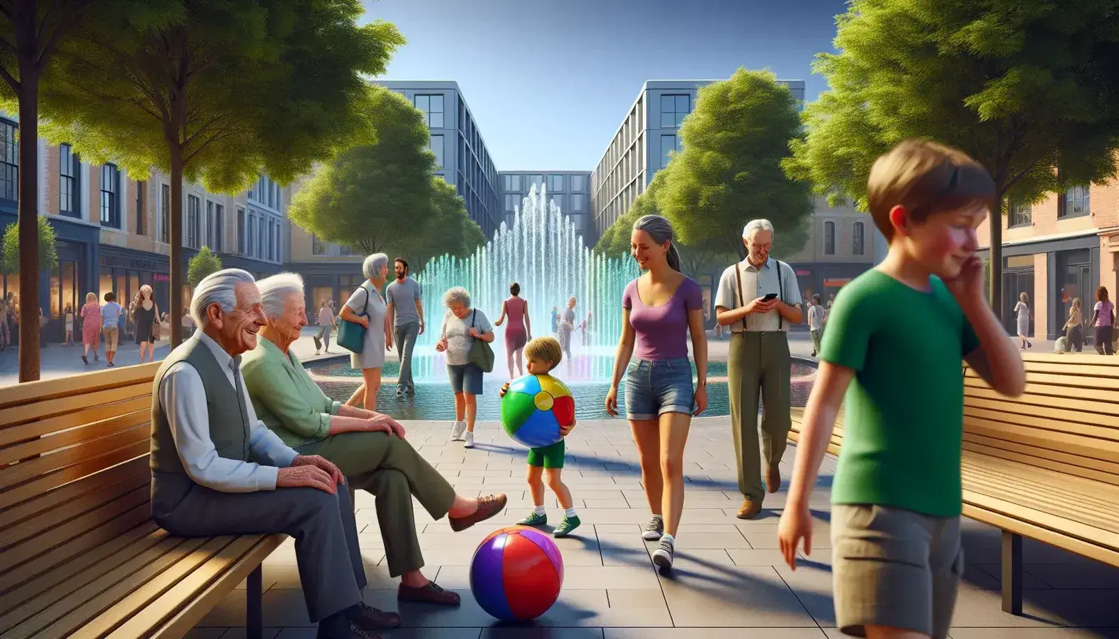 Grupo diverso de personas disfrutando de un día soleado en una plaza pública con fuente de agua, árboles y arquitectura europea.