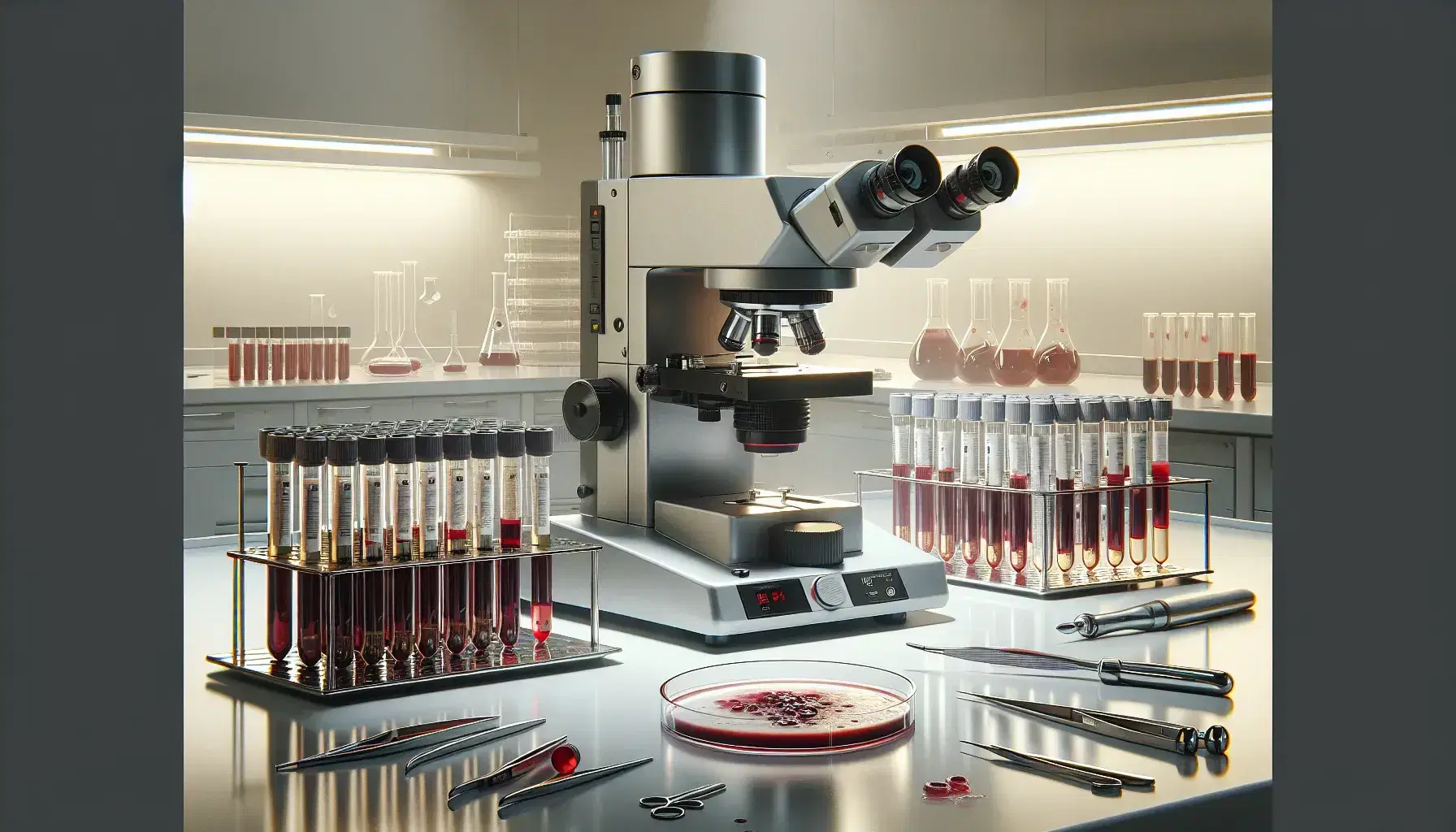 Microscopio elettronico con provette di sangue e strumenti da laboratorio su banco di lavoro in ambiente clinico asettico.