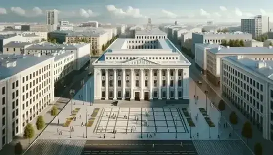 Edificio clásico con fachada crema y detalles blancos, entrada con columnas y peatones en plaza adoquinada bajo cielo azul con nubes dispersas.