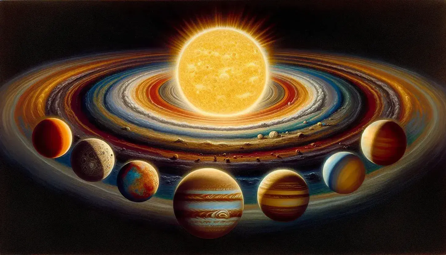 Rappresentazione artistica del sistema solare con il Sole al centro e pianeti ordinati per distanza, inclusi anelli di Saturno e sfondo stellato.