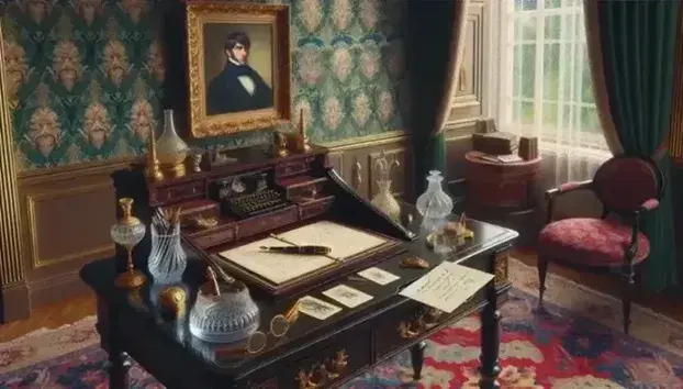 Scrivania in legno scuro fine '800 con penna d'avorio, calamaio di vetro, carte illustrate, occhiali dorati, poltrona in velluto rosso e ritratto olio uomo elegante.