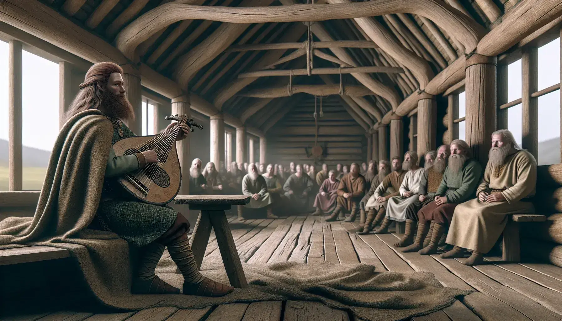 Norse skald playing a Viking lyre in a longhouse surrounded by an audience in period attire, with shields and spears adorning the walls.
