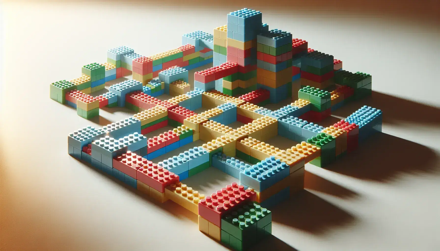 Bloques de construcción de plástico en colores rojo, azul, verde y amarillo, ensamblados sobre superficie lisa, sin textos ni personas.