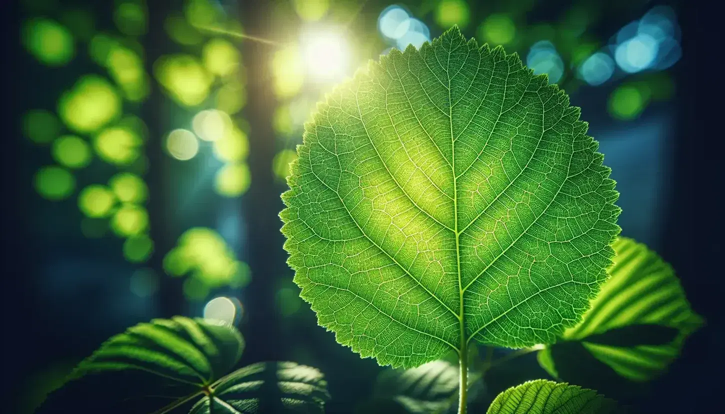 Hoja verde vibrante con textura detallada y venas visibles, iluminada por el sol con efecto bokeh en el fondo desenfocado de follaje natural.