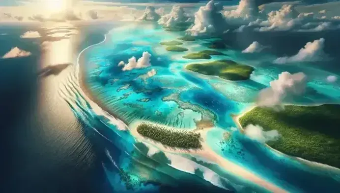Vista aérea de una costa tropical con arena blanca y vegetación verde, una isla con palmeras, arrecifes de coral coloridos y olas rompiendo suavemente bajo un cielo parcialmente nublado.