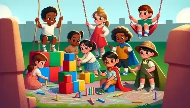 Niños de diversas etnias jugando en un parque soleado, construyendo con bloques y dibujando con tizas de colores, balanceándose y disfrazándose.