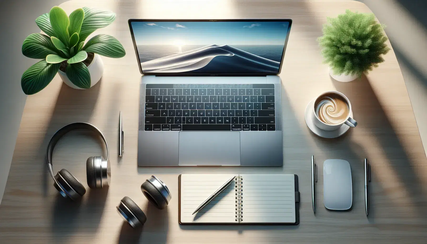 Organized desk with open laptop, cup of steaming coffee, green plant, black headphones and notepad with pen on light wood.