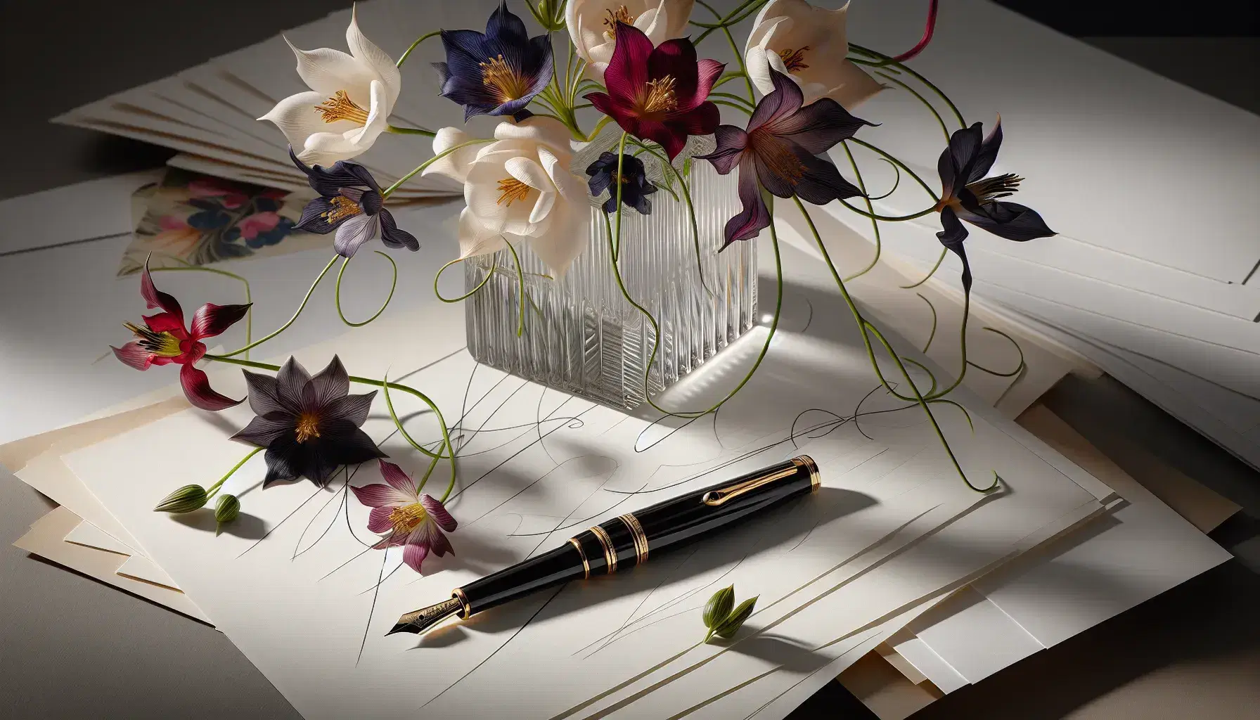 Pluma fuente negra con detalles dorados sobre papeles blancos desordenados y jarrón con flores exóticas en fondo desenfocado, iluminación natural suave.