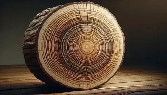 Close-up view of tree trunk showing detailed growth rings in varying shades of brown, highlighting natural wood grain and texture.