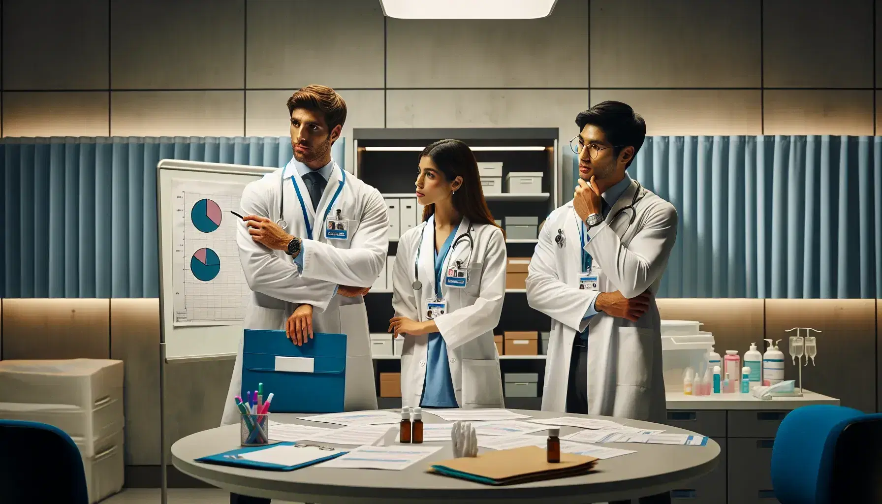 Profesionales de la salud analizan gráficos en hospital, con mujer señalando gráfico circular y colegas observando atentamente, rodeados de suministros médicos.