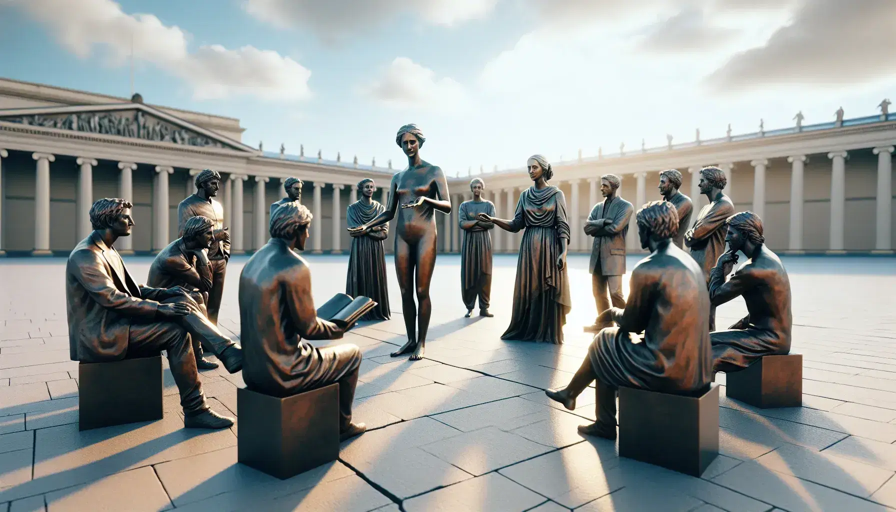 Grupo de figuras de bronce en círculo simulando un debate en plaza pública con edificios clásicos de fondo y cielo azul con nubes.