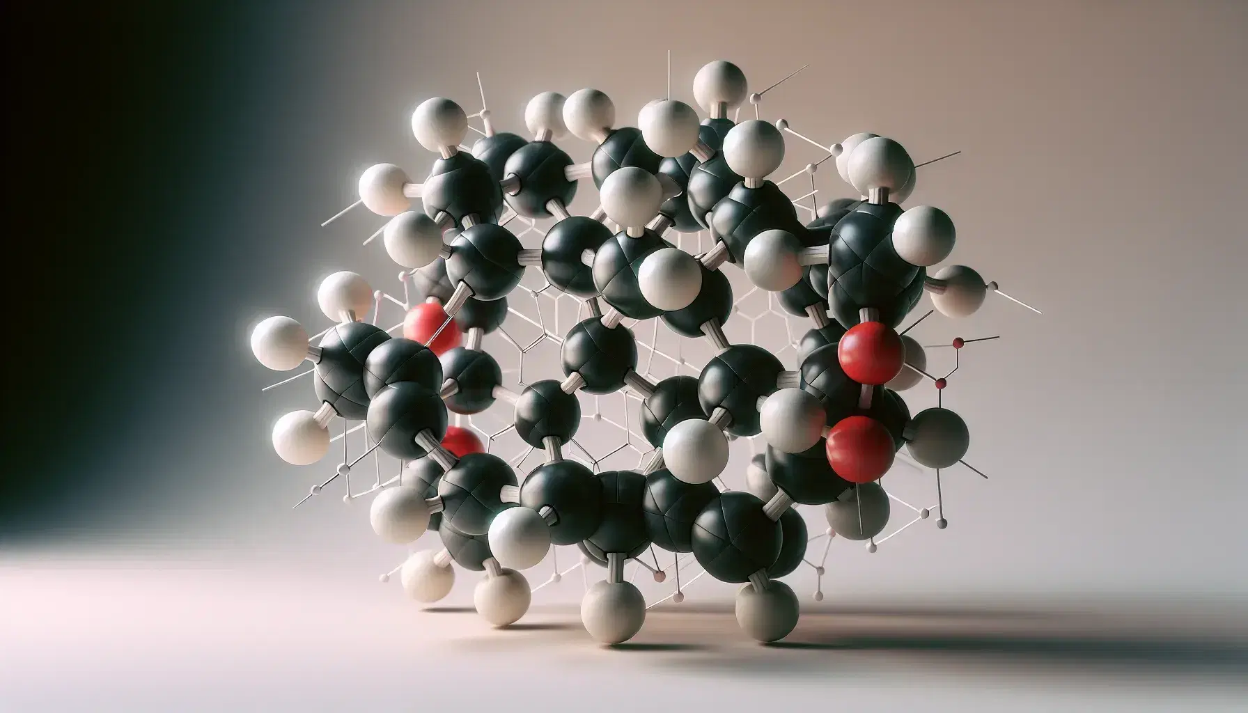 Three-dimensional molecular model of fructose with colored atoms: black for carbon, white for hydrogen, red for oxygen and hexagonal structure.