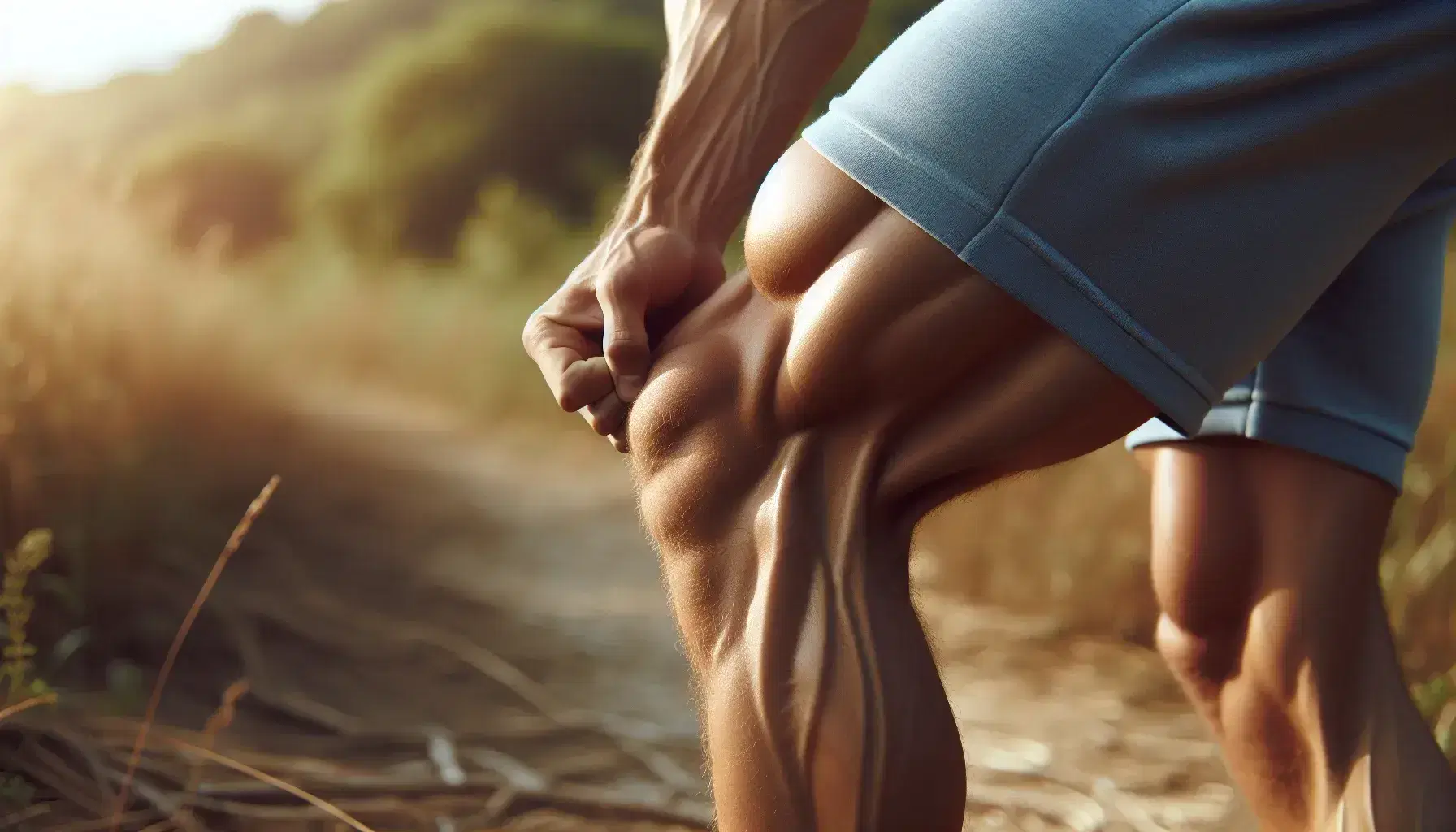 Rodilla humana flexionándose durante actividad física al aire libre, con músculo tenso visible y fondo desenfocado de naturaleza.