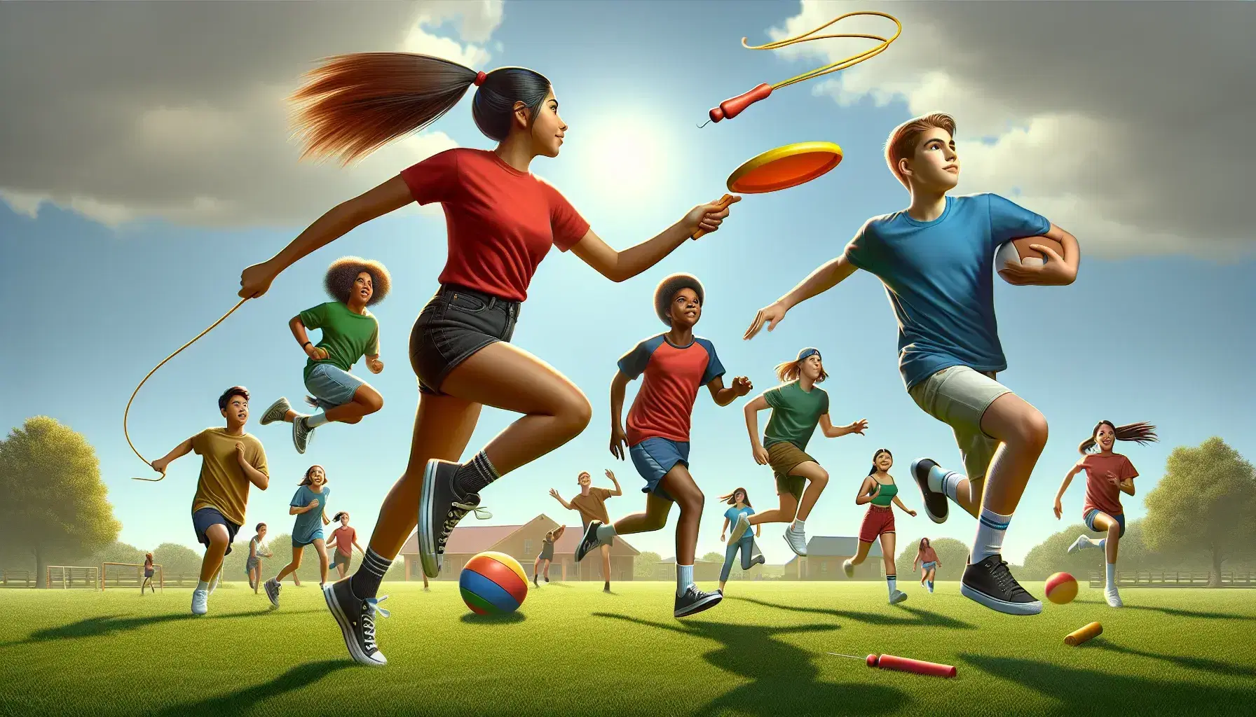 Estudiantes diversos jugando al aire libre en un campo verde, saltando la cuerda, lanzando un frisbee y pasando un balón bajo un cielo azul.