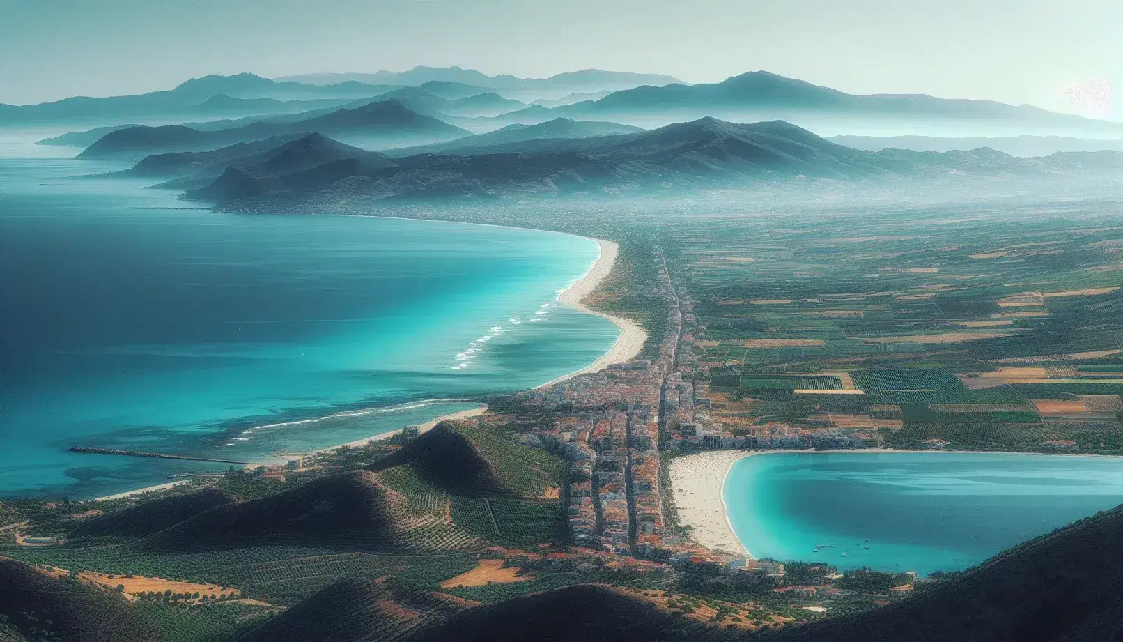 Vista panoramica della costa calabrese con mare cristallino, spiaggia sabbiosa, vegetazione mediterranea, colline verdi e città costiera.
