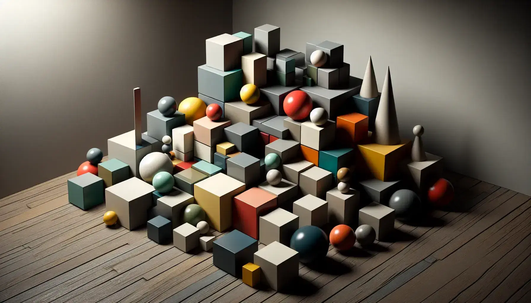 Composizione di oggetti geometrici tridimensionali colorati su tavolo scuro con ombre che creano profondità.