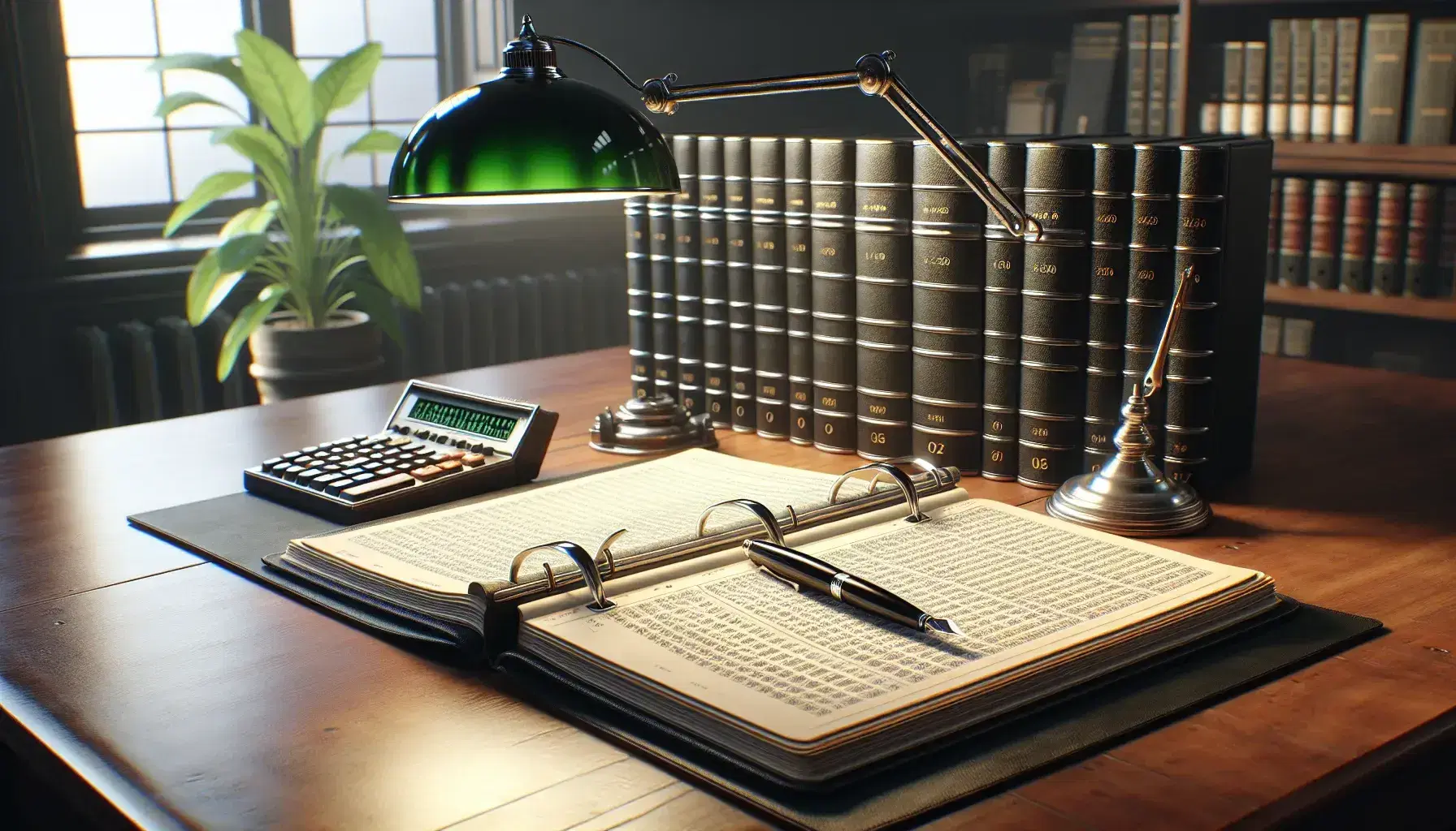 Traditional office setup with a polished wooden desk, green banker's lamp, leather-bound ledgers, silver calculator, and a fountain pen on an open ledger.