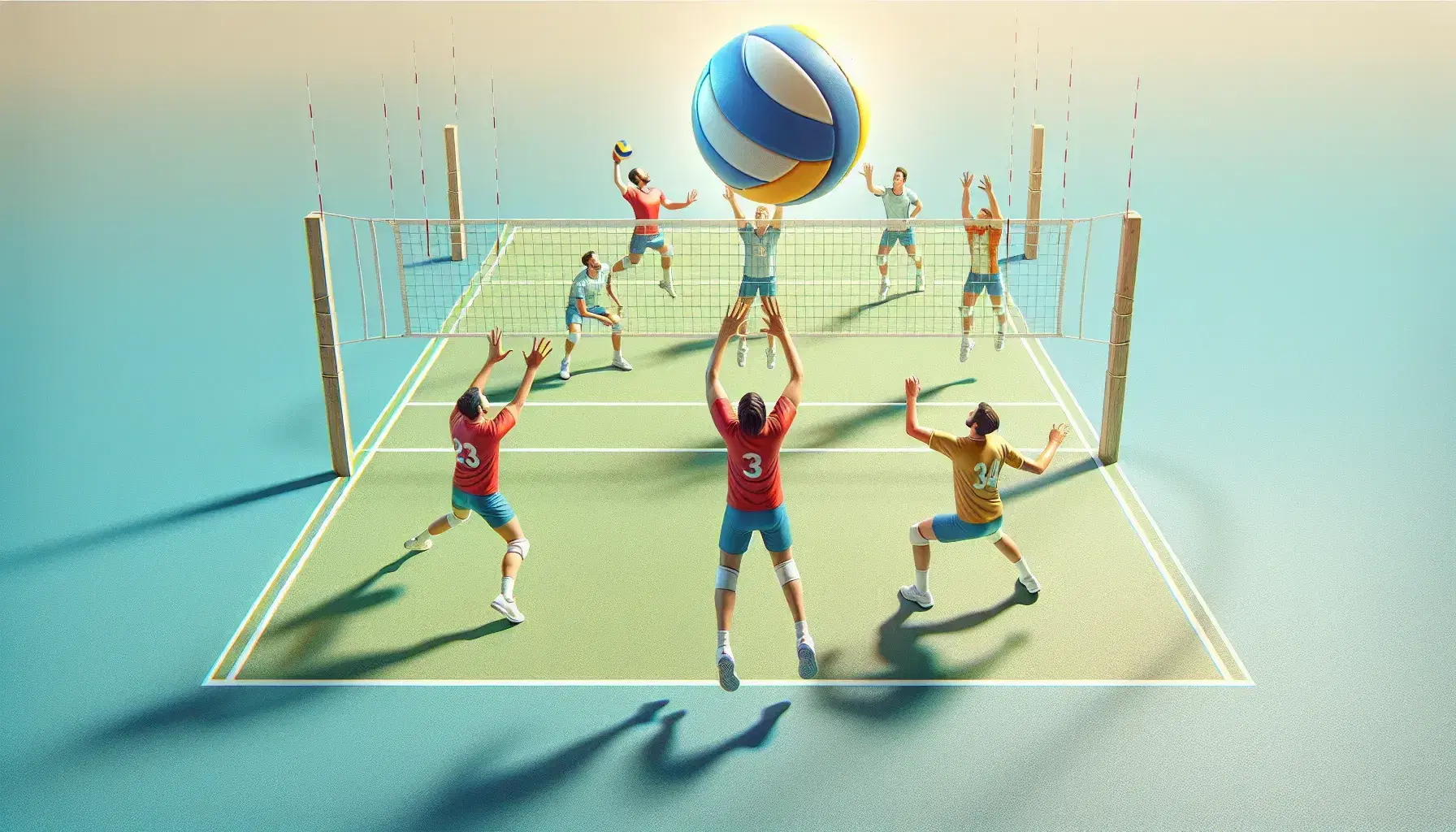 Partita di pallavolo in corso con giocatori in divise rosse e gialle in azione, palla in volo sopra la rete e pubblico sfocato sullo sfondo.