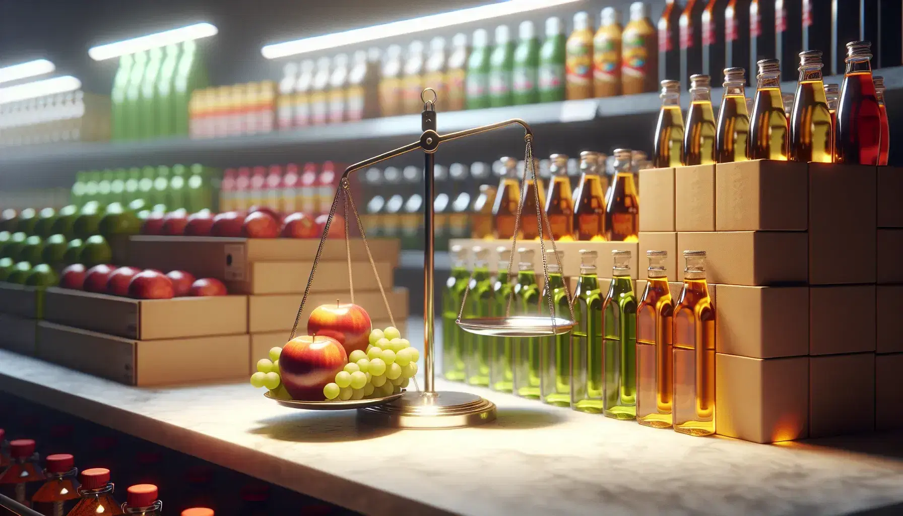 Bilancia a due piatti con mela rossa lucida e grappolo d'uva verde in equilibrio, affiancata da bottiglie di liquido ambrato e scatole di cartone in supermercato.