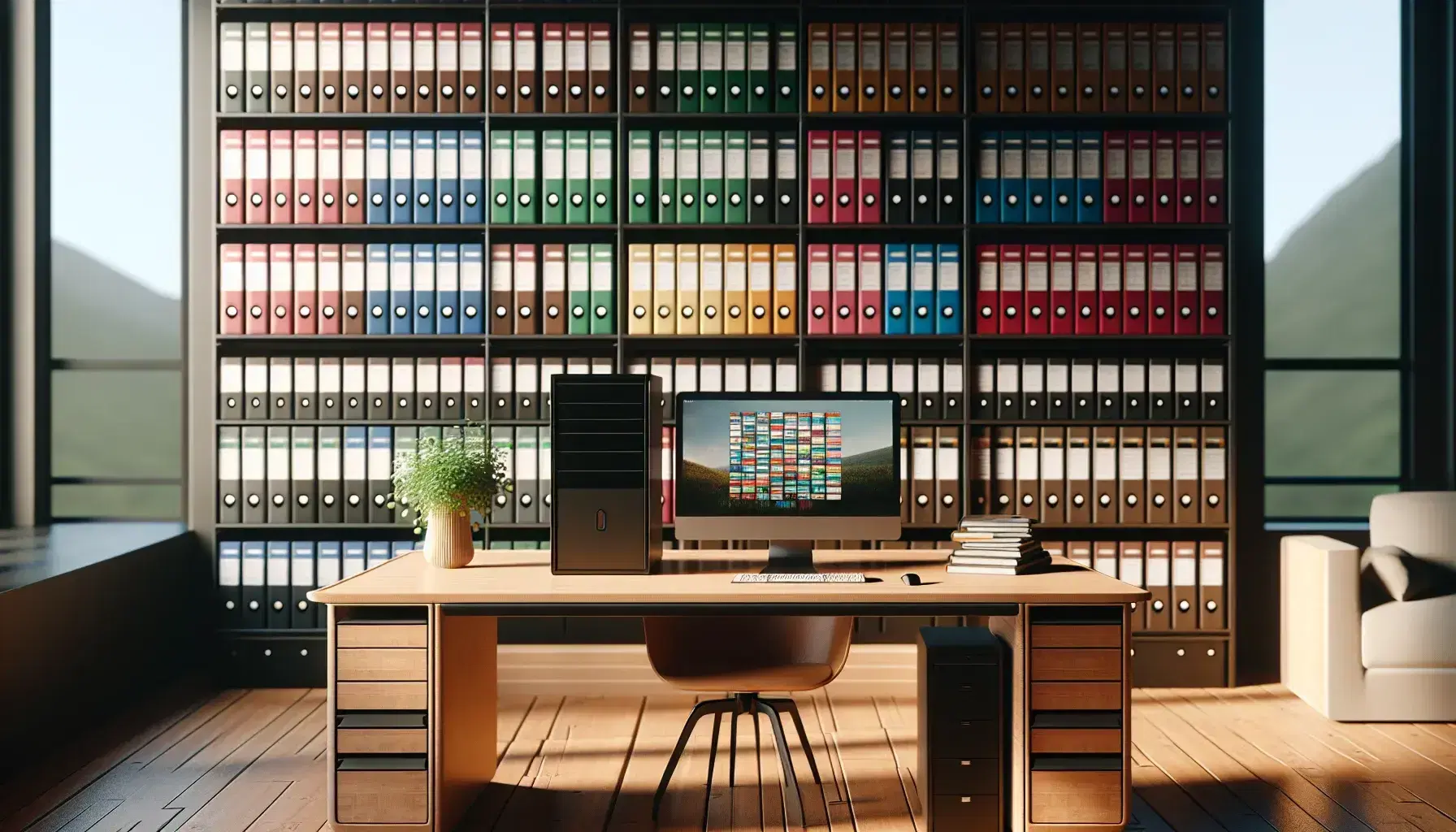 Biblioteca con estantes de madera oscura llenos de carpetas coloridas y mesa con ordenador, teclado y planta decorativa bajo luz suave.