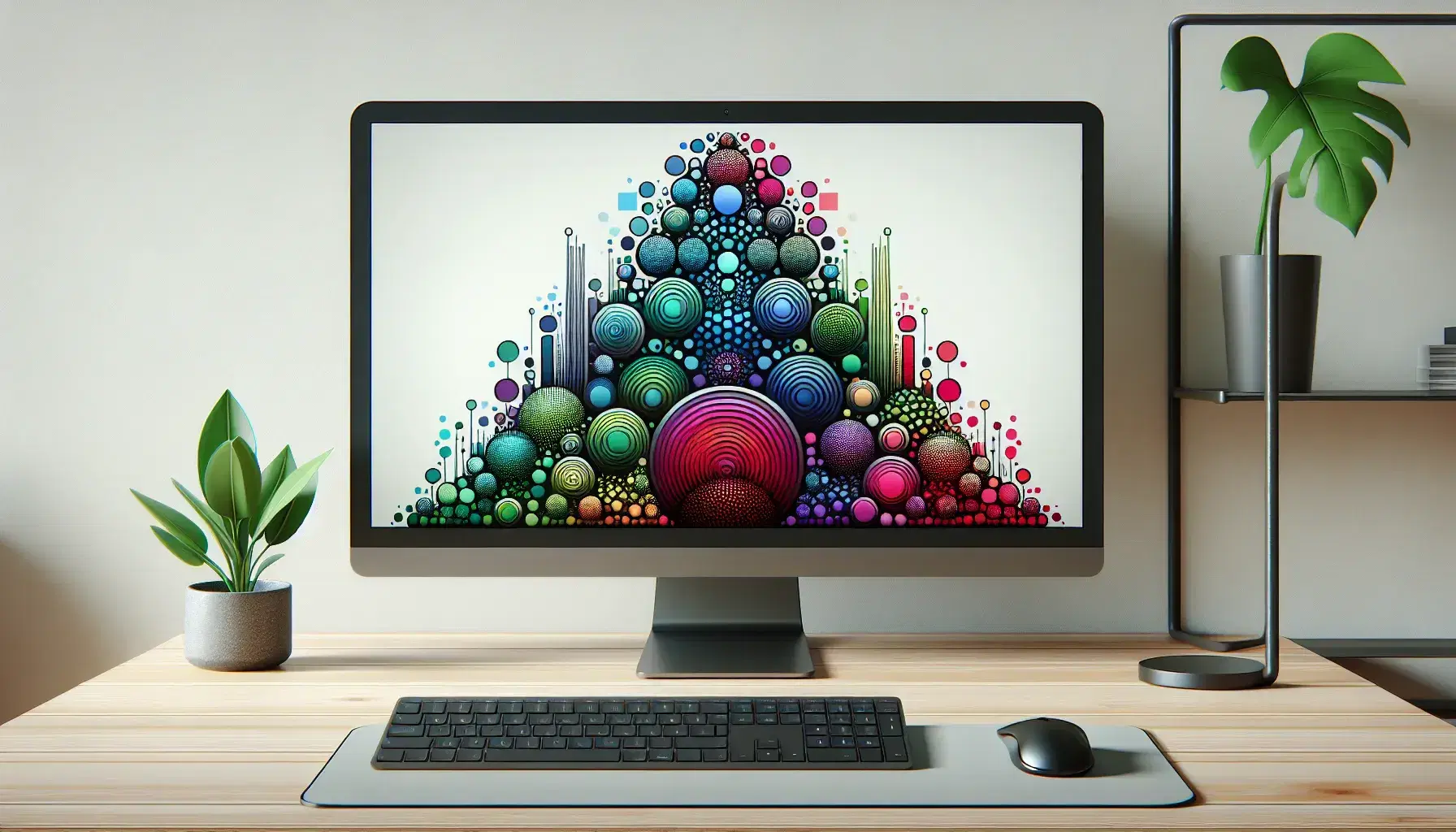 Tidy desk with monitor showing abstract graphics of colorful rectangles and circles, black keyboard and mouse, green plant on the side.