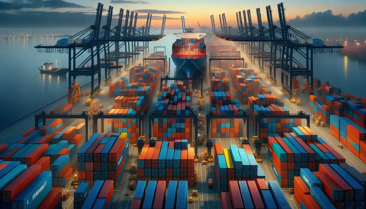 Bustling seaport with stacked colorful shipping containers, towering orange cranes, and a large cargo ship at dusk, reflecting the golden sky.