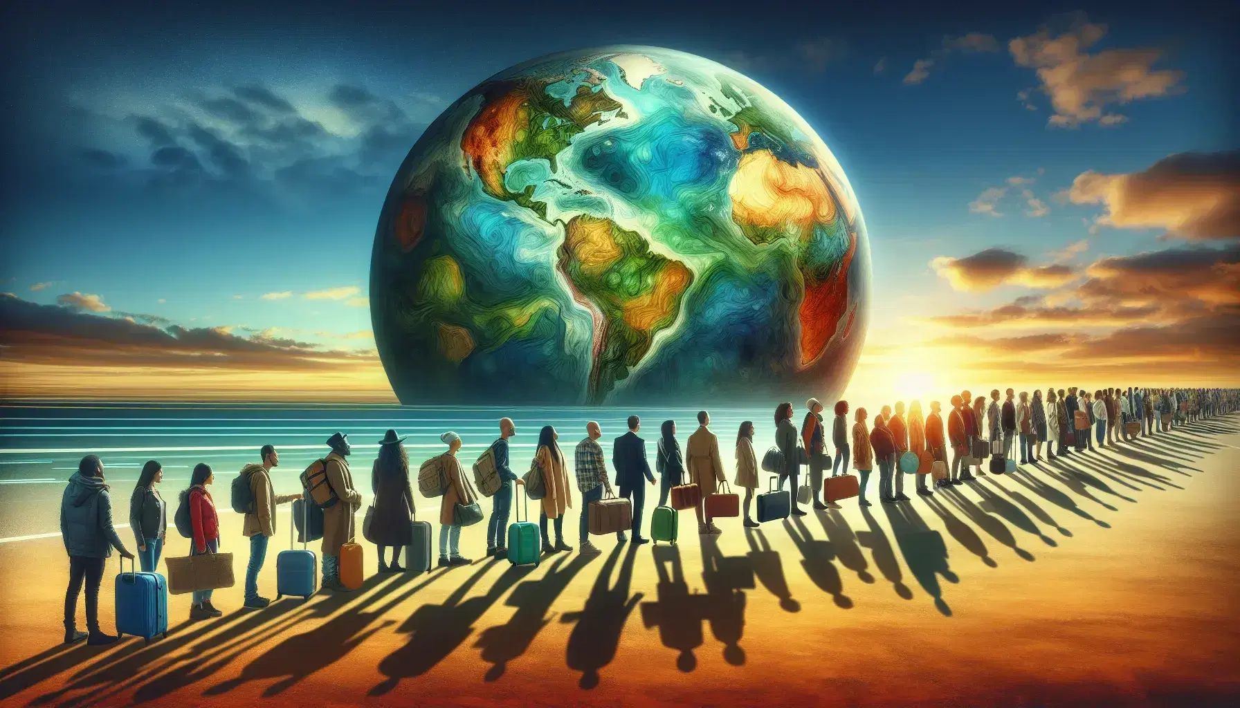 Grupo diverso de viajeros con maletas al atardecer, reflejando la luz del sol en sus rostros y un globo terráqueo en primer plano.