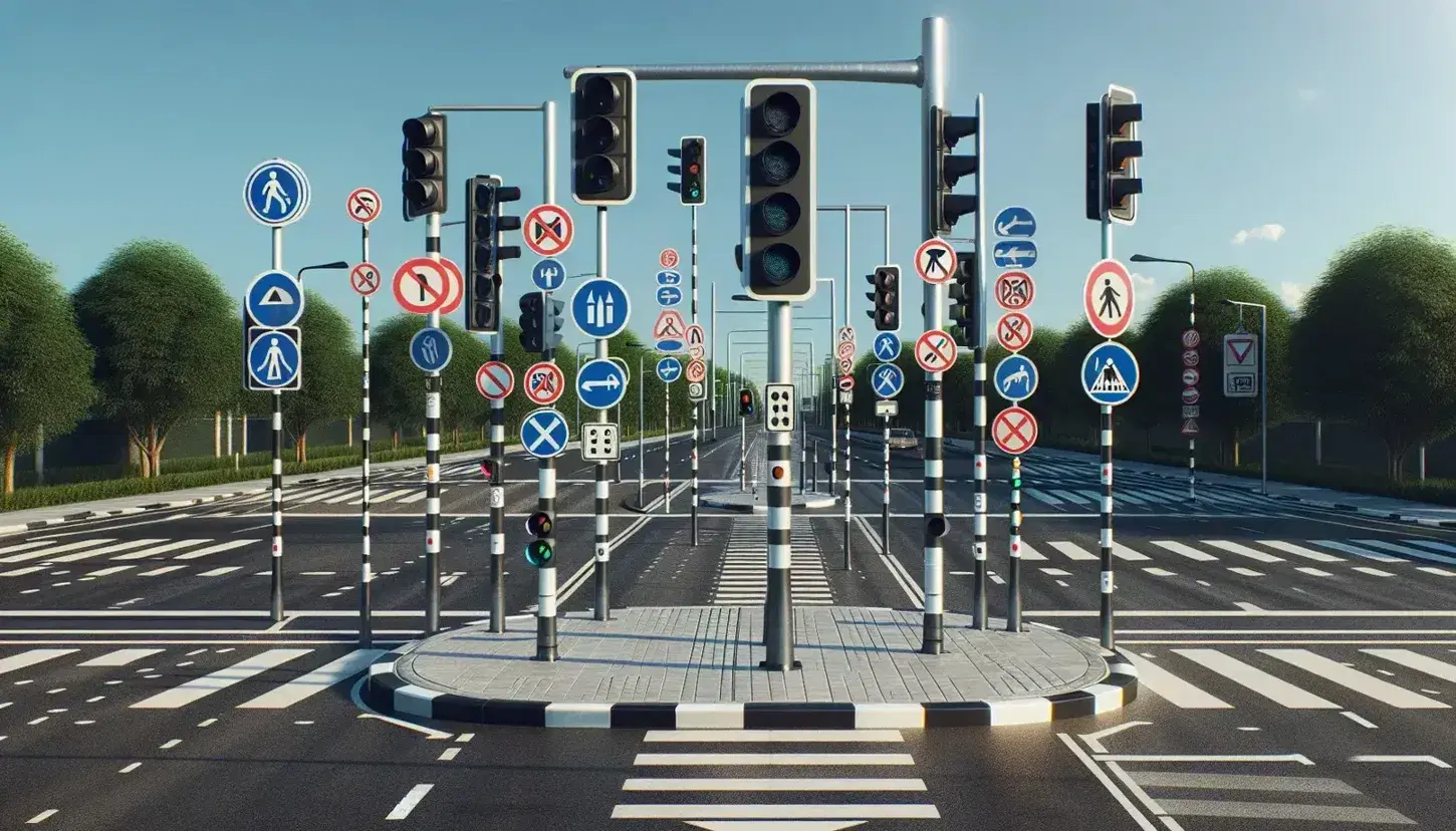 Incroci stradali tranquilli con semaforo spento, segnali stradali senza marcature leggibili e attraversamento pedonale, in una giornata soleggiata.
