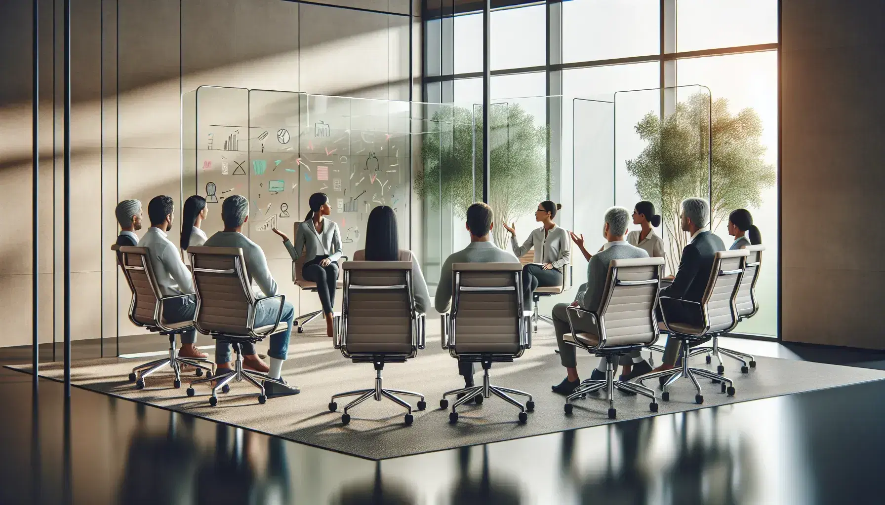 Diverse group engaged in a discussion around a clear glass whiteboard in a modern, naturally lit room with large windows and an empty ergonomic chair.