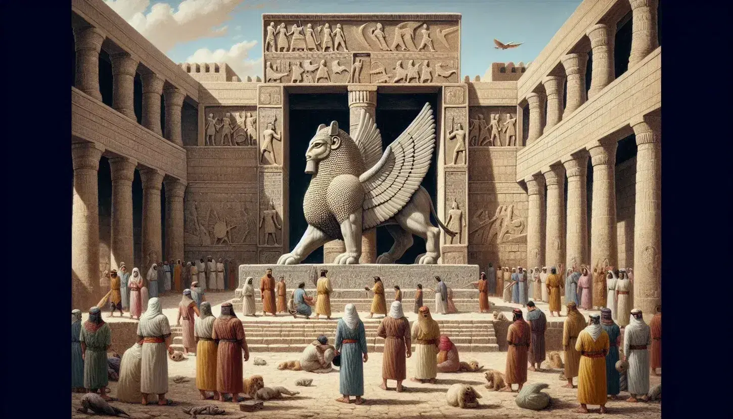Scena vivace di città assira antica con statua lamassu, palazzo con bassorilievi, mercato e cittadini in attività quotidiane.