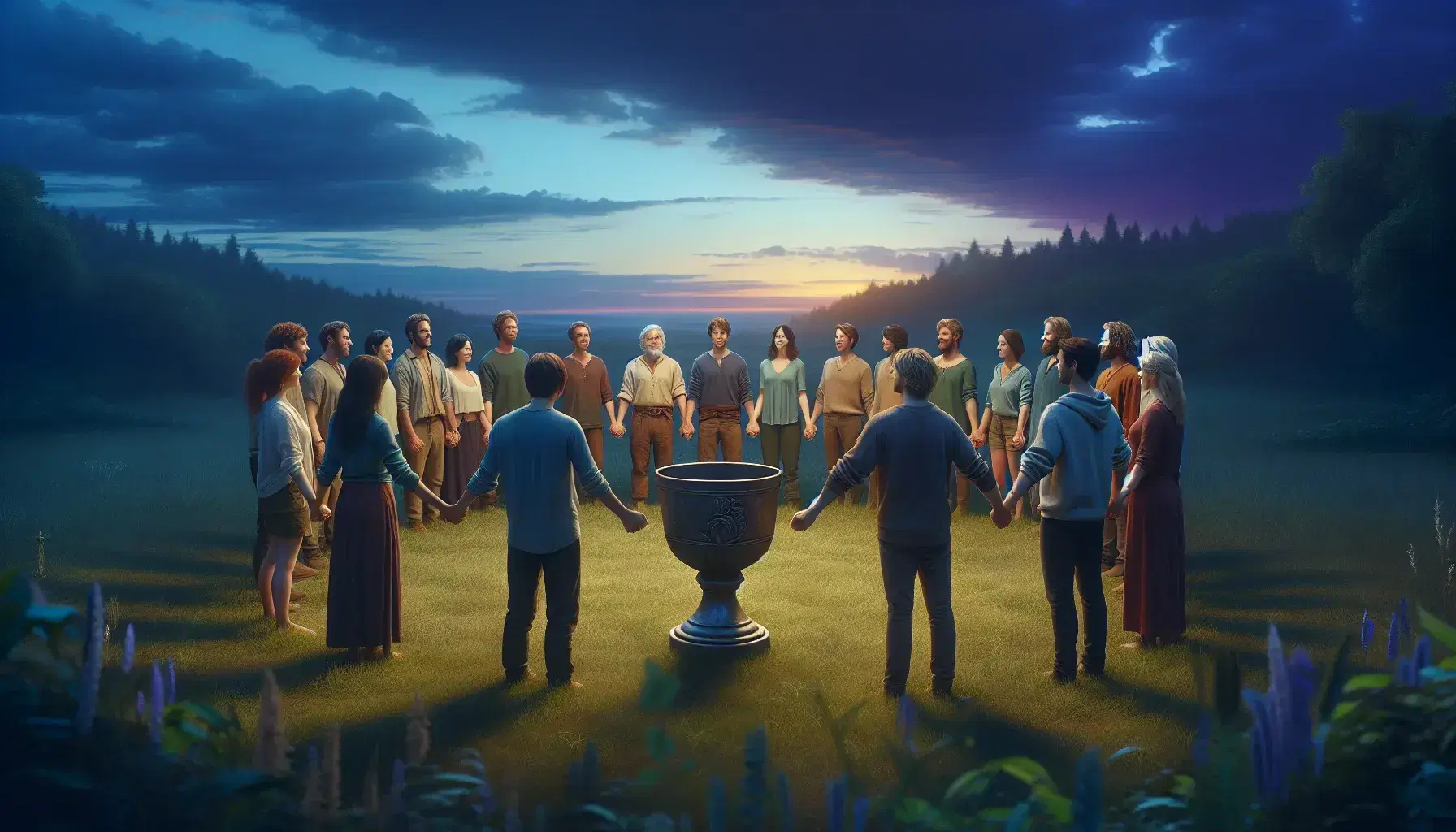 Diverse group holding hands in a circle around an old metal cup on a grassy field at sunset, with a serene twilight sky backdrop.