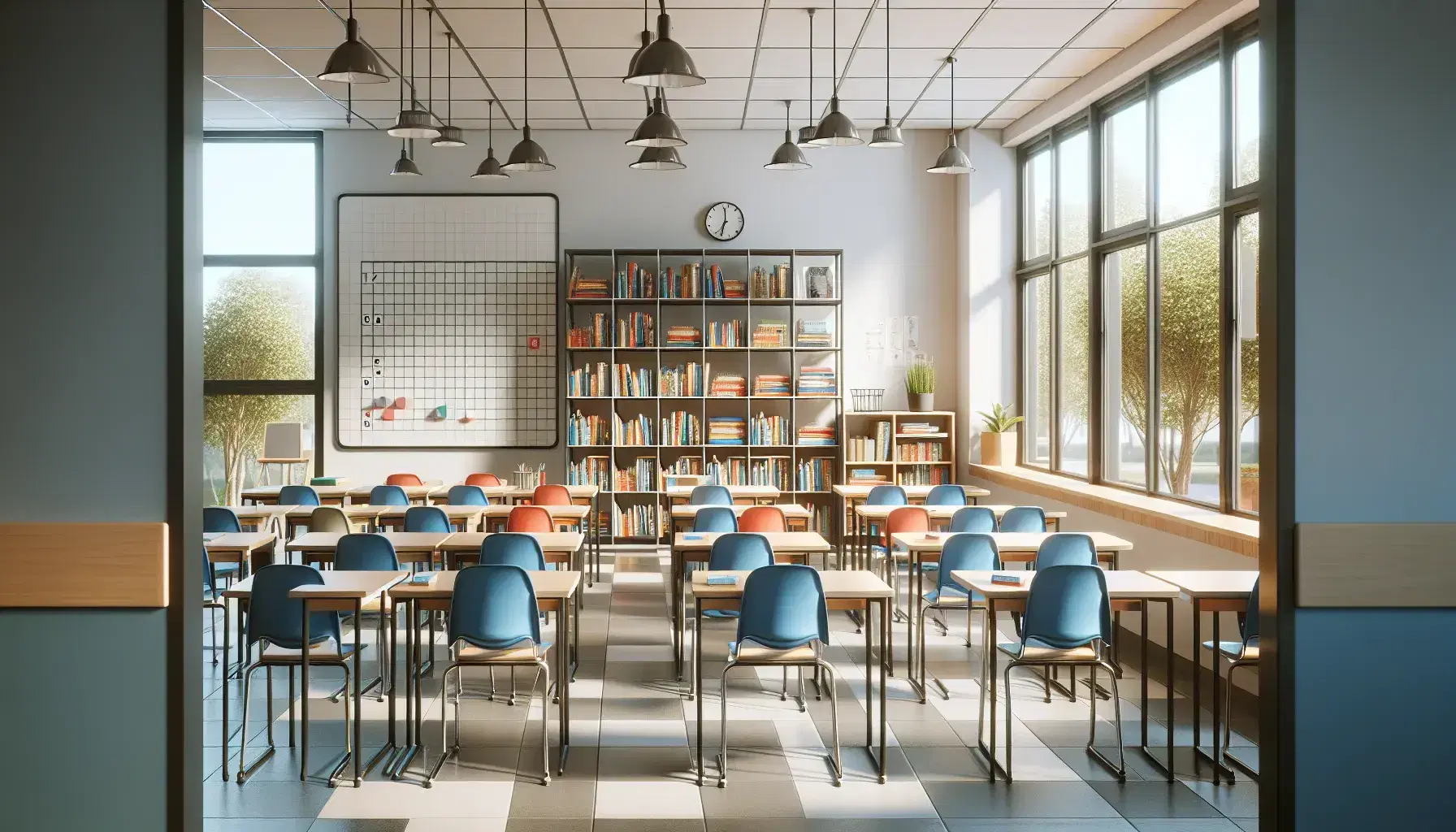 Aula moderna y luminosa con pupitres vacíos, sillas azules, pizarra blanca, estantería con libros y planta interior.