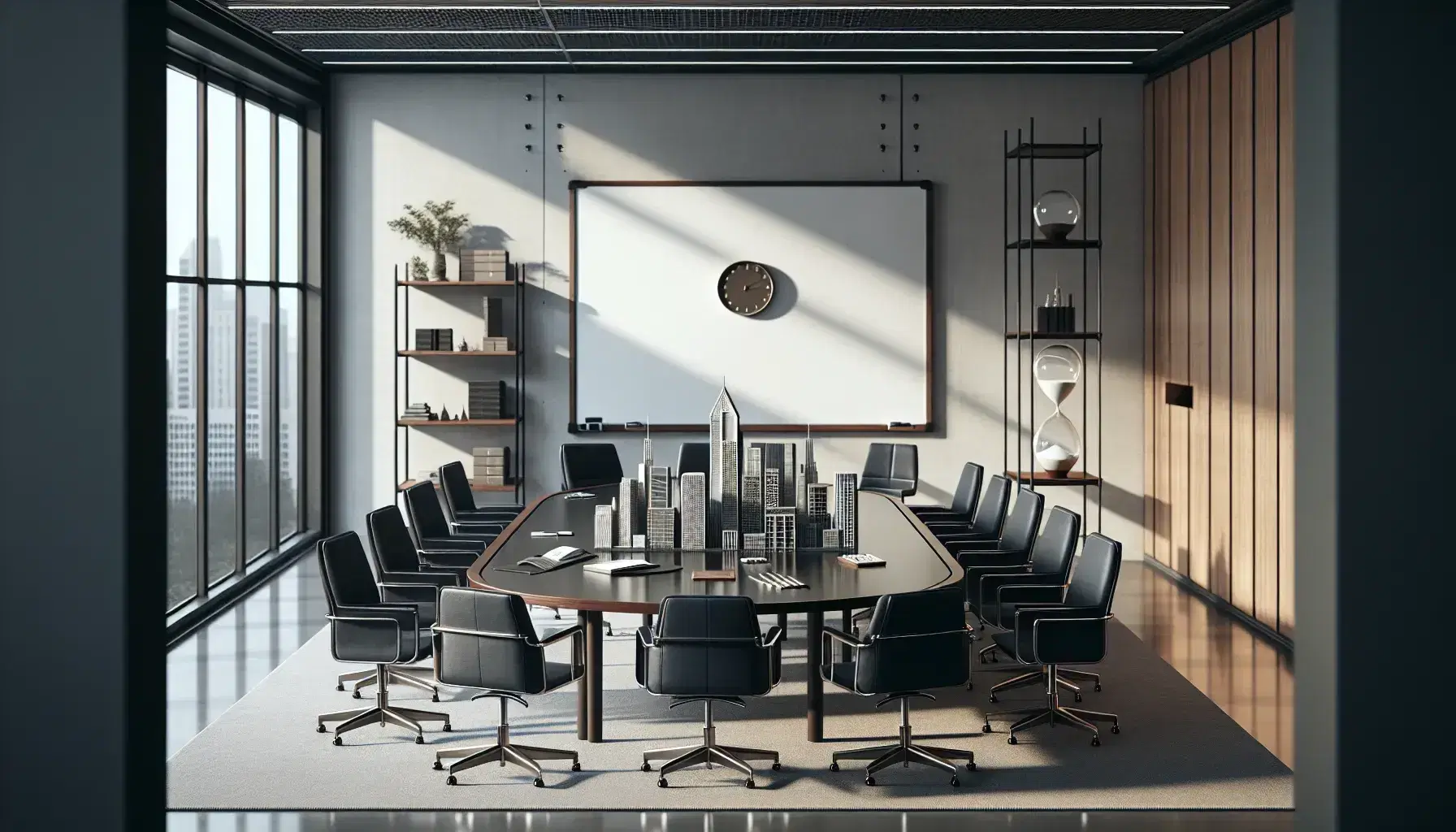 Sala de reuniones espaciosa con mesa ovalada de madera, sillas de cuero negro, pizarra blanca, maqueta urbana gris y reloj de arena en estante metálico, planta interior y luz natural.