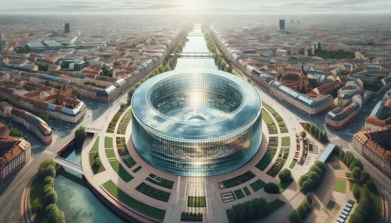Veduta aerea di Strasburgo con edificio semicircolare vetrato al centro, circondato da aree verdi, fiume con ponti a sinistra e tetti rossi.