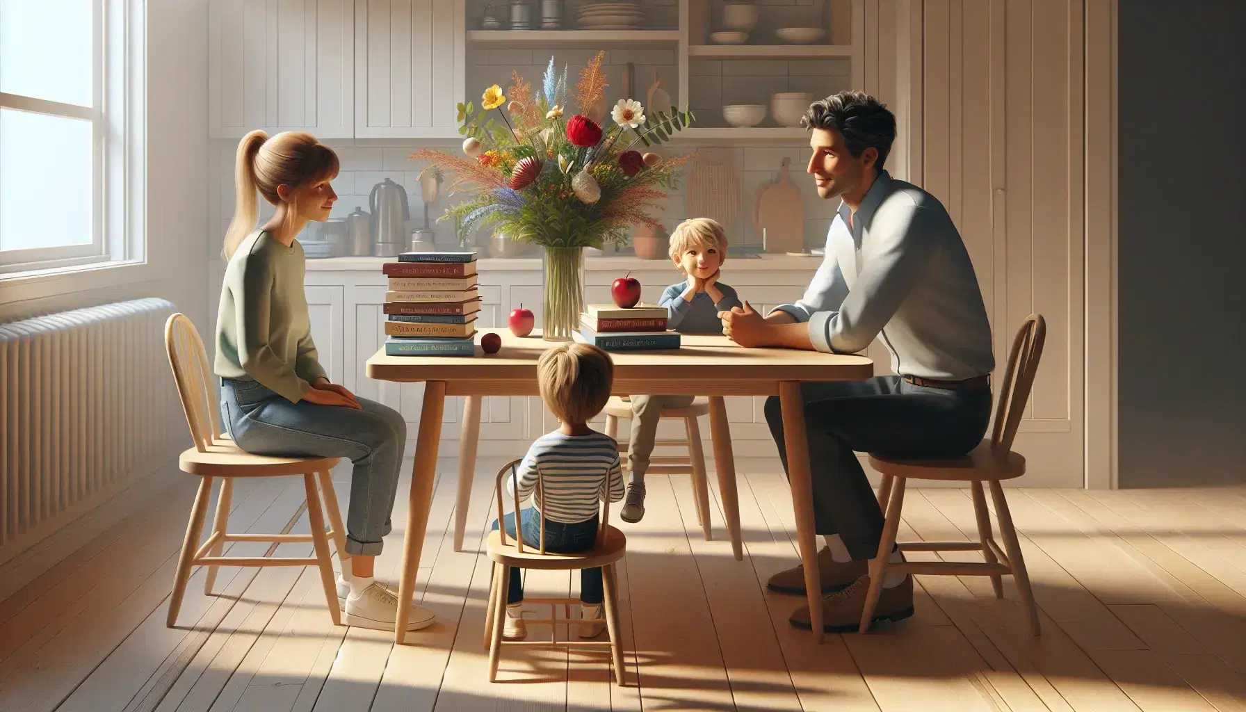 Famiglia in casa con uomo e bambino seduti al tavolo e donna appoggiata, conversano serenamente, interni luminosi e accoglienti.
