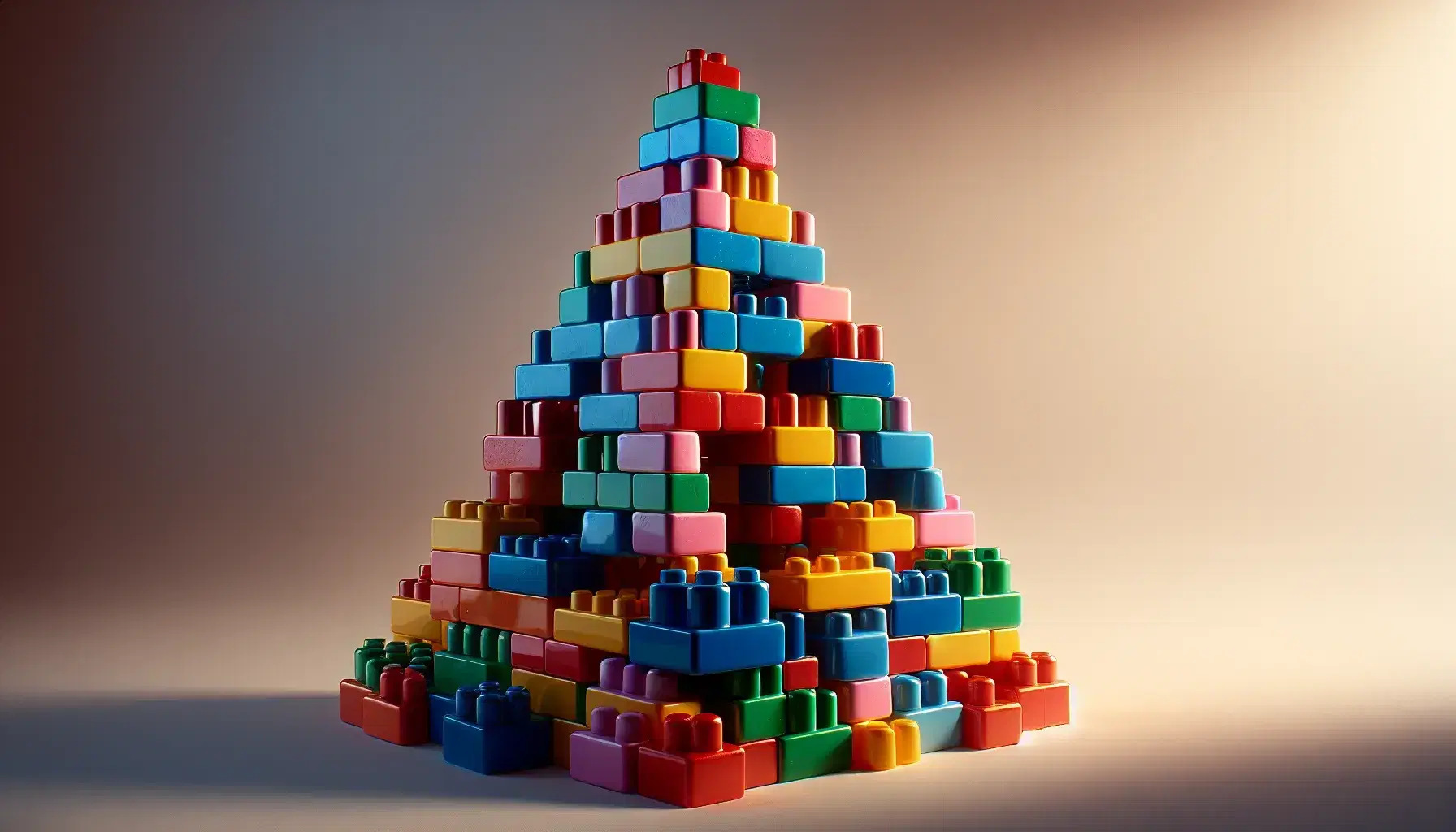 Torre de bloques de construcción plásticos coloridos en forma de pirámide con base azul, roja y verde, centro amarillo y naranja, y cima morada y rosa.