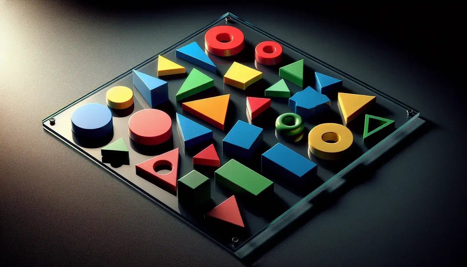 Colorful geometric shapes on a blackboard, including red circles, blue squares, yellow triangles, and green rectangles, with soft shadows.