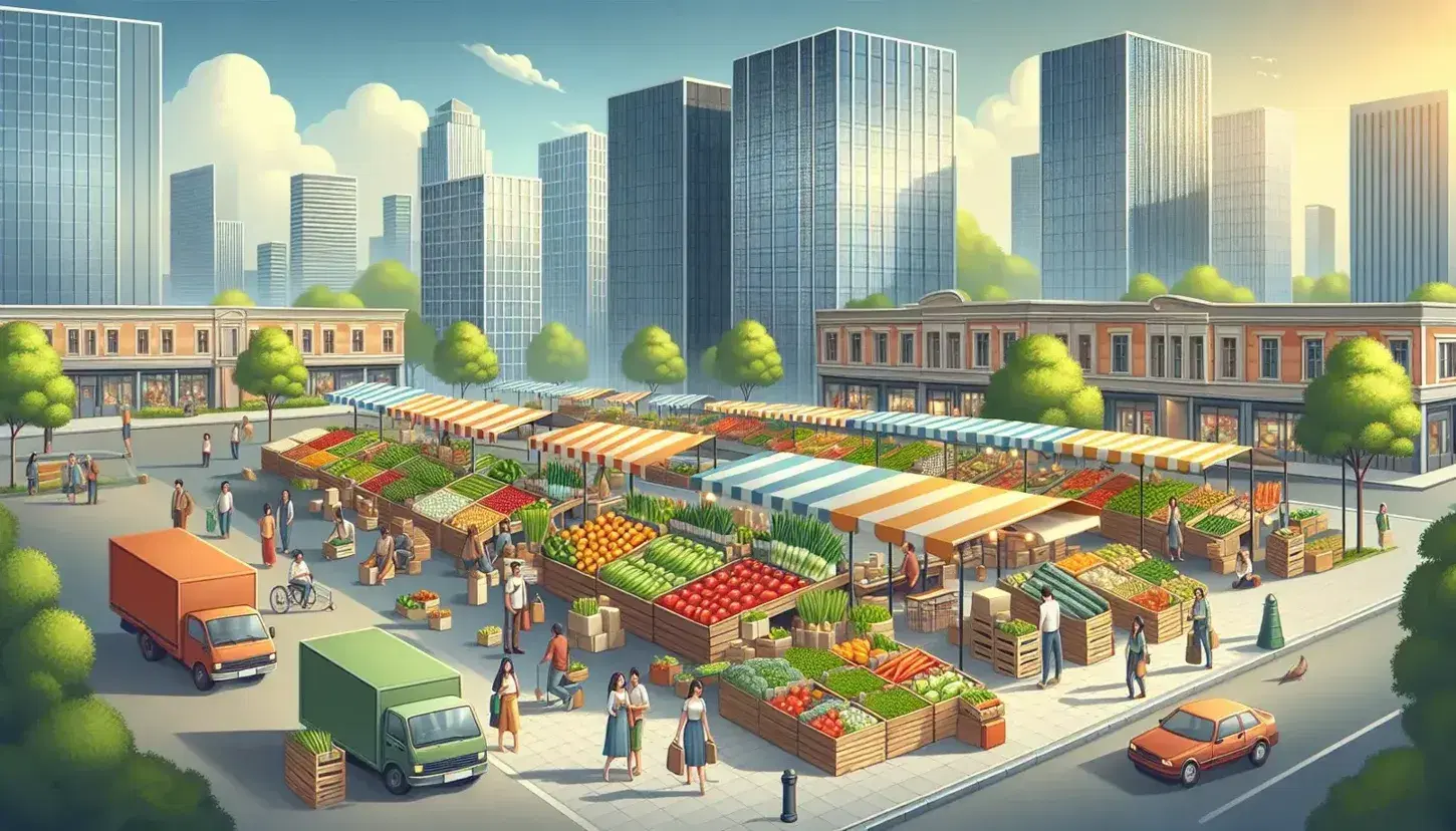 Mercado al aire libre con puestos de frutas y verduras, gente comprando, edificios altos al fondo y parque con bancos bajo árboles en día soleado.