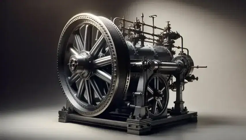 Motor de vapor estacionario del siglo XIX con rueda de paletas metálica y cilindro horizontal, expuesto en un entorno de museo, destacando su diseño histórico y mecánico.