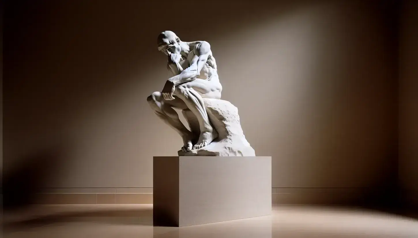 Escultura de mármol de un hombre pensativo sentado con una pierna cruzada sobre la otra y el codo apoyado en la rodilla en un pedestal de granito.