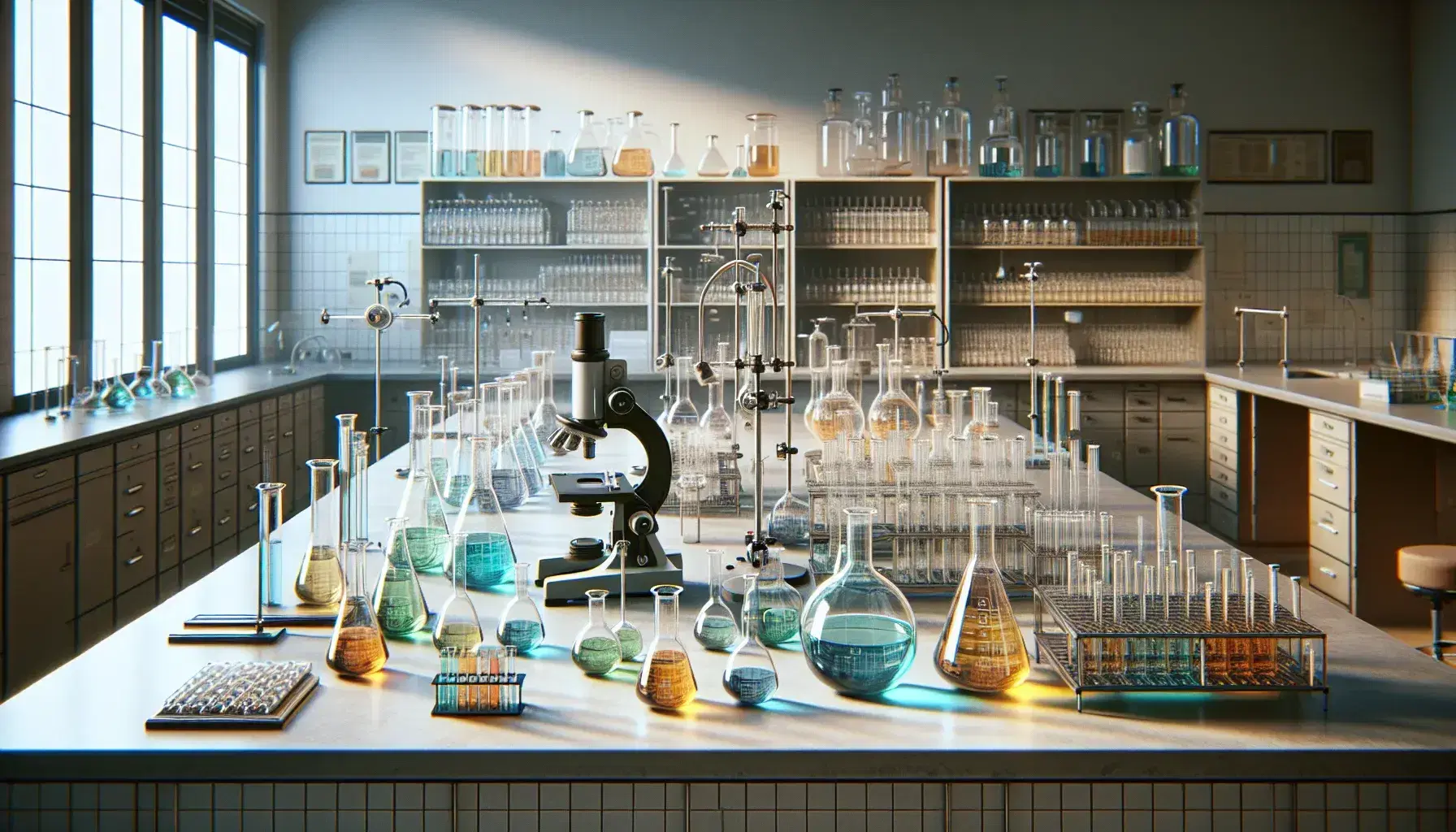 Laboratory with central table containing beakers and flasks with colored liquids, microscope, lit Bunsen burner and shelves with containers.