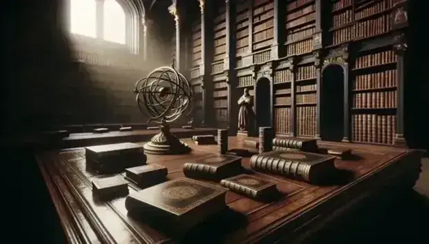 Biblioteca antica con tavolo in legno, libri aperti, sfera armillare in ottone, statue di filosofo e globo terrestre.