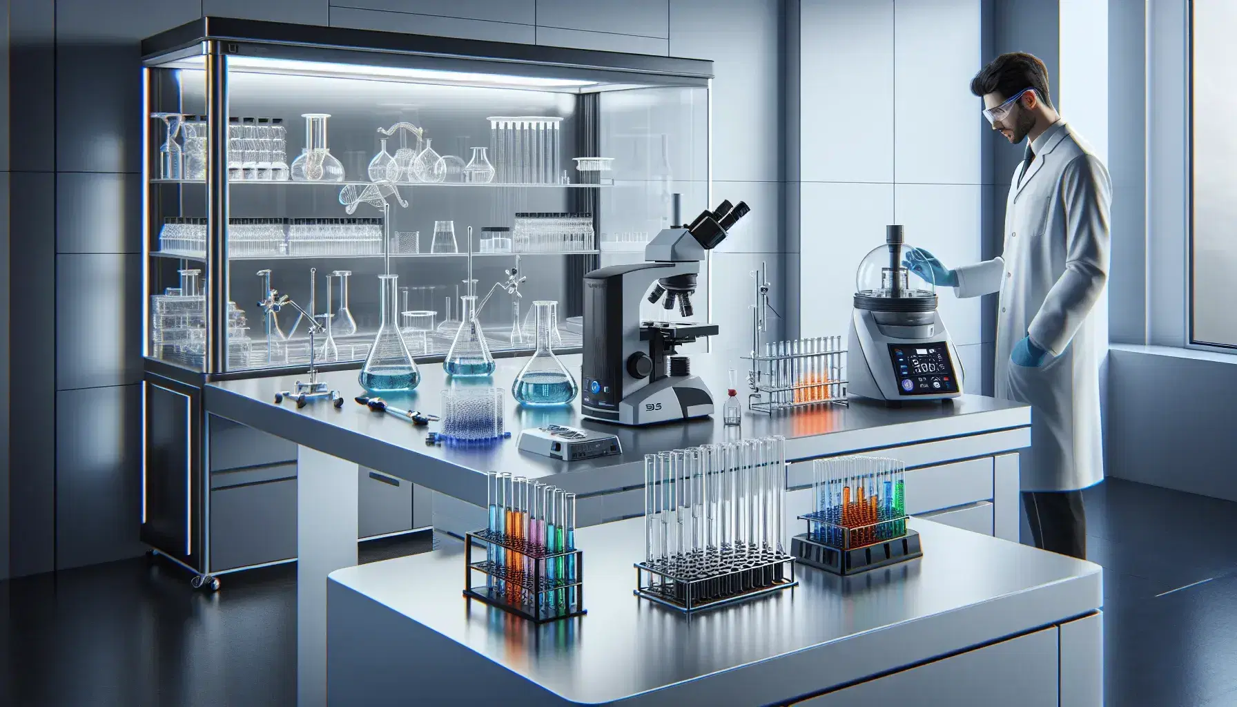 Laboratorio scientifico moderno con tavolo di lavoro, microscopi, pipette, provette e scienziato che esamina un campione.