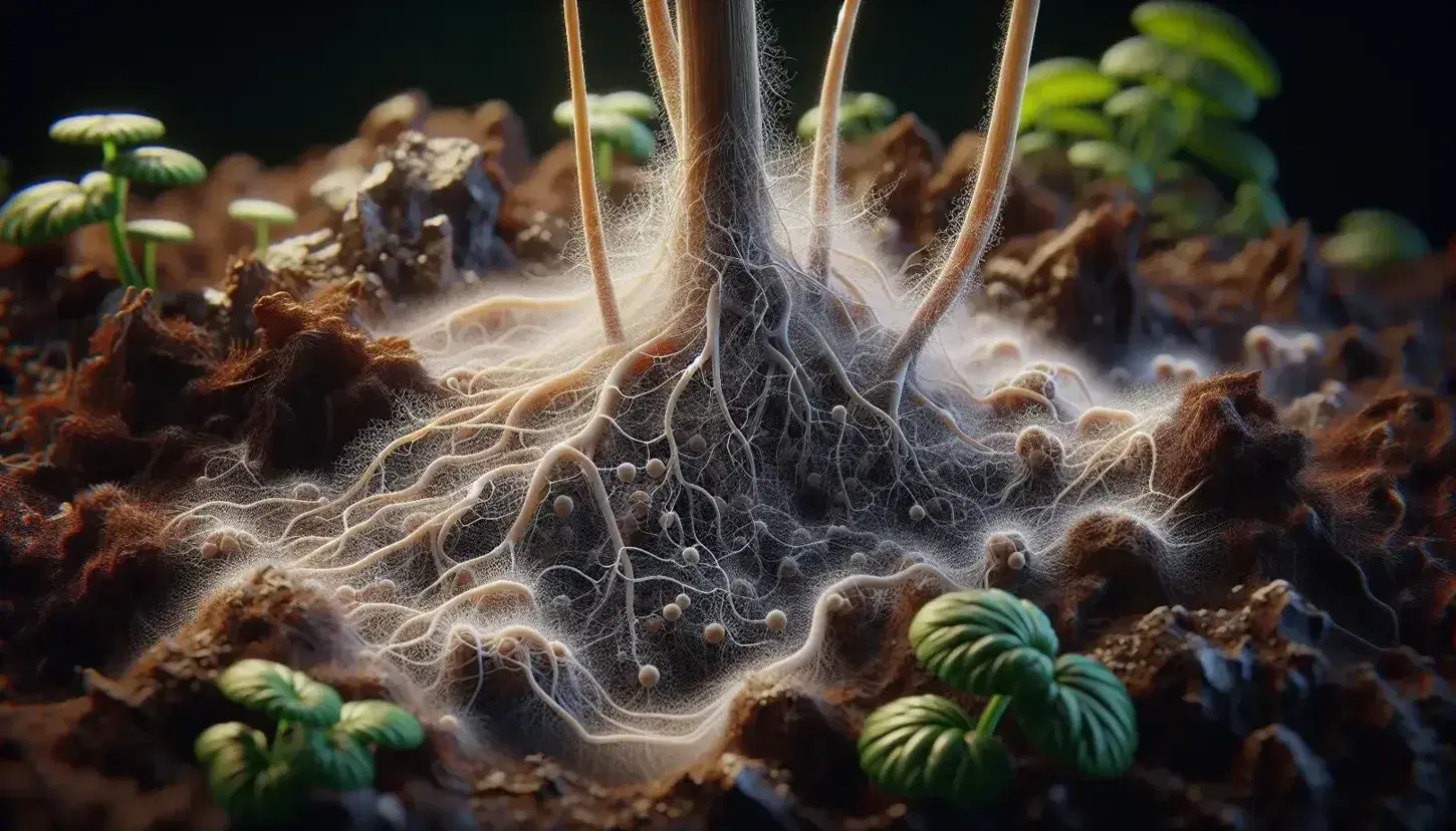 Close-up of plant roots and arbuscular mycorrhizal fungi network in rich soil, highlighting the symbiotic relationship and soil health.
